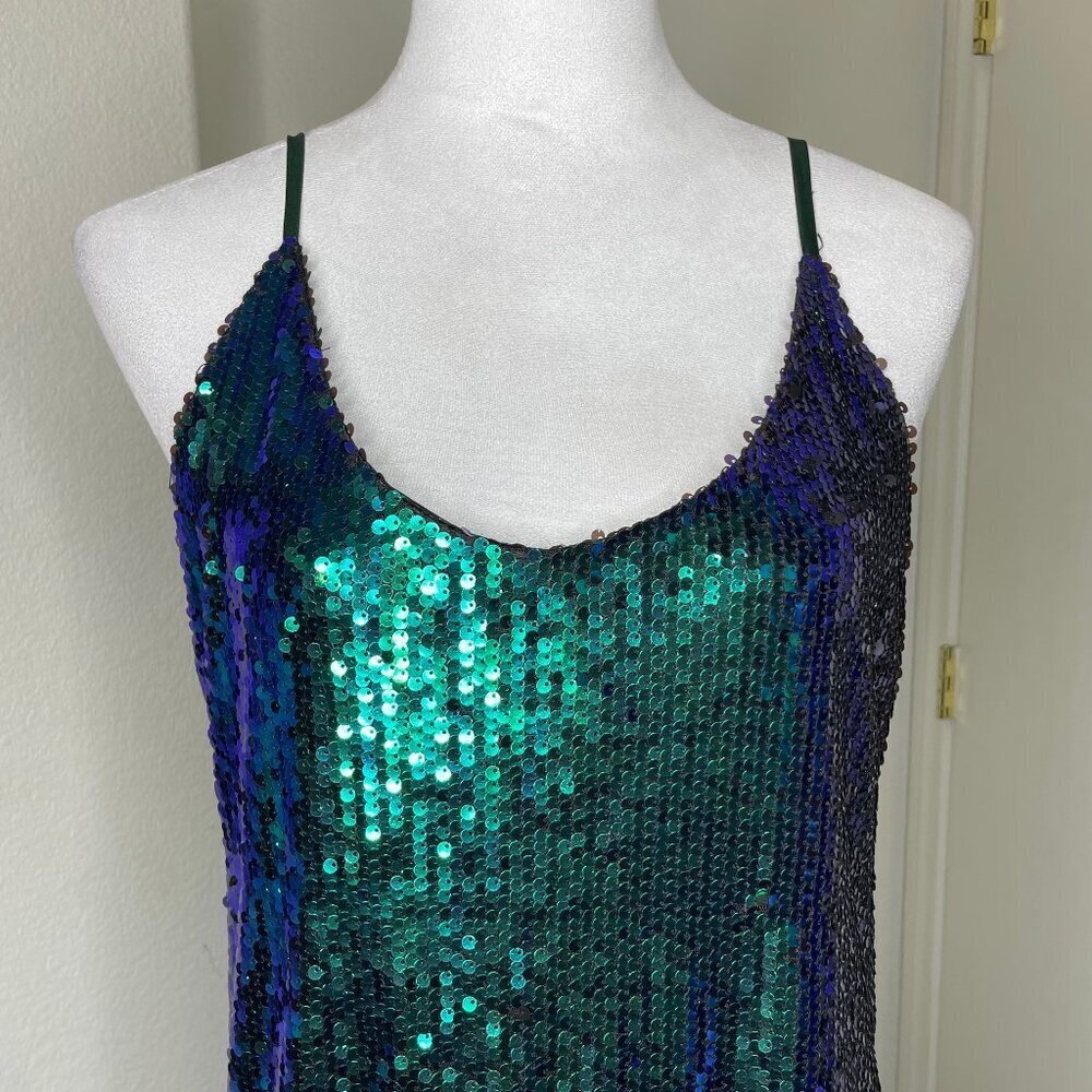 Allegra K Green Glitter Sequin V Neck Spaghetti Strap Mini Party Dress Sz Large - Picture 3 of 9